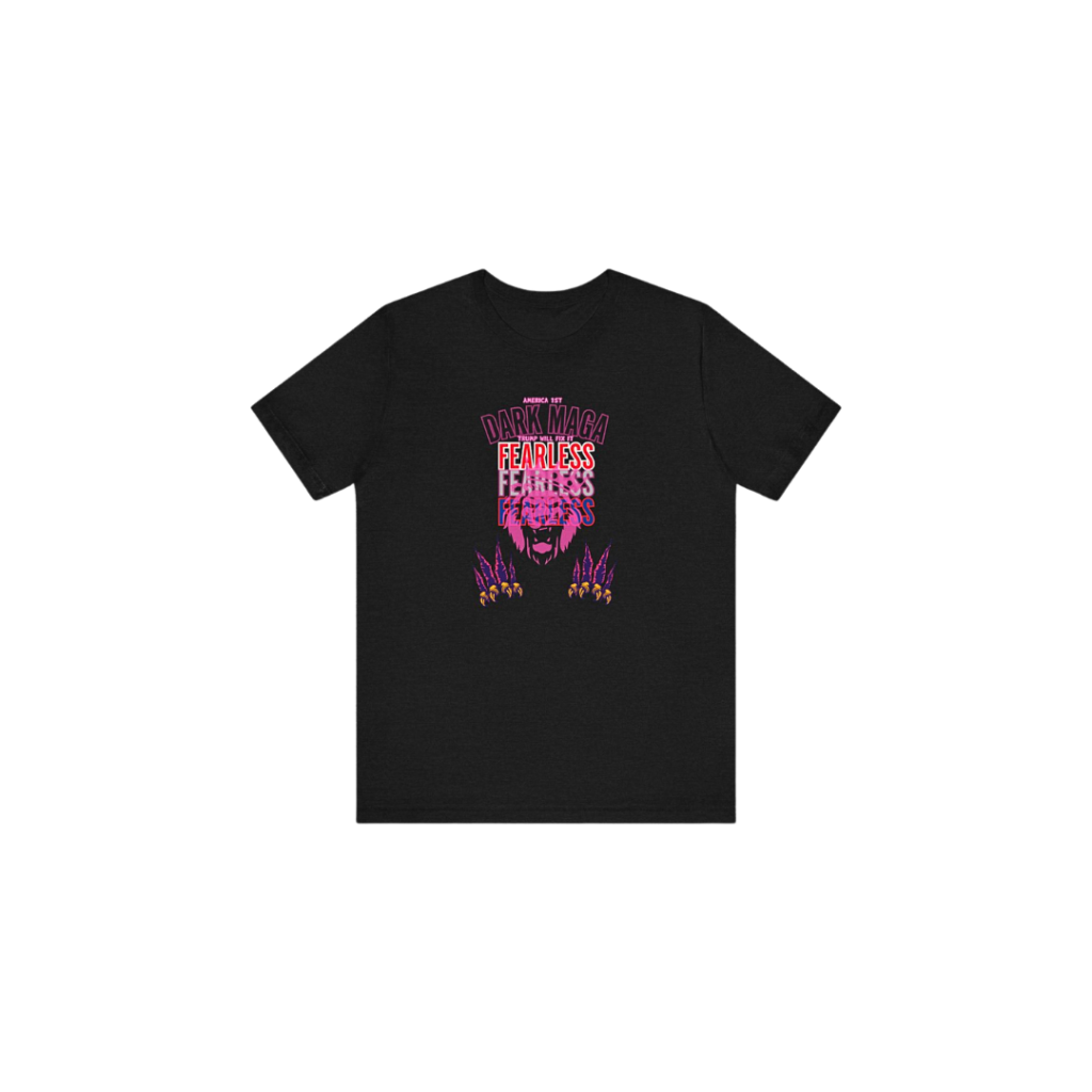 Dark Maga Hot Pink Lion 'Fearless America' graphic on a classic unisex jersey t-shirt, made from soft cotton for comfort and durability