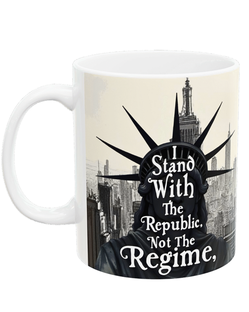 I Stand With The Republic Not The Regime glossy white mug with retro Statue of Liberty skyline glowing red-white-blue, floating in zero-G nebula, live countdown