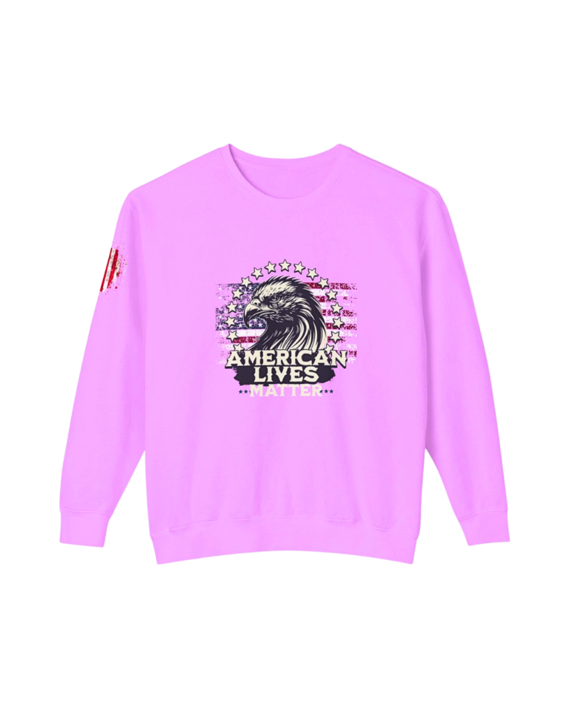 A high-contrast studio shot of the "American Lives Matter" crewneck sweatshirt, showcasing the premium ring-spun cotton texture, relaxed fit, and bold patriotic typography against a gritty, dark background.