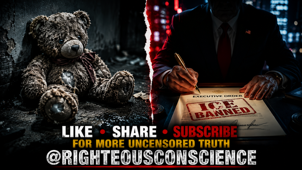 A hyper-realistic pencil sketch split-screen composition depicting a faded teddy bear on a cold concrete floor on the left, and a shadowy politician signing an executive order stamped "ICE BANNED" in red ink on the right.