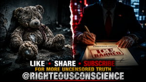 A hyper-realistic pencil sketch split-screen composition depicting a faded teddy bear on a cold concrete floor on the left, and a shadowy politician signing an executive order stamped "ICE BANNED" in red ink on the right.