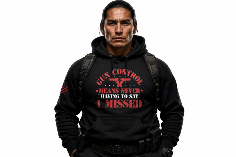 A high-fidelity studio shot of the Gildan 18500 Heavy Blend hooded sweatshirt featuring the bold 'Gun Control Means Never Having to Say I Missed' graphic. The 8.0 oz medium-heavy fabric is presented on a rugged dark slate surface under crisp lighting, highlighting the tubular knit construction and spacious kangaroo pouch.
