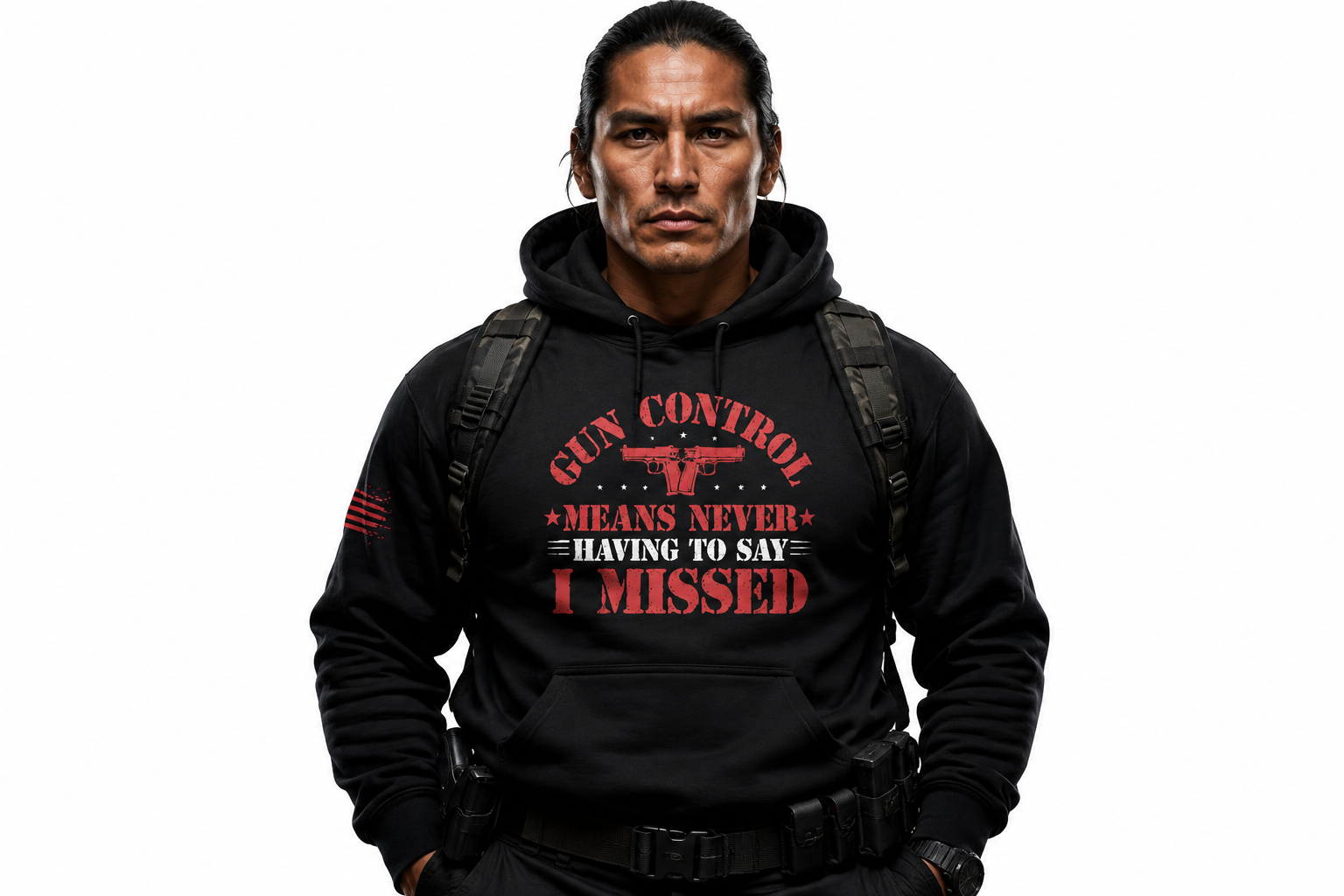 A high-fidelity studio shot of the Gildan 18500 Heavy Blend hooded sweatshirt featuring the bold 'Gun Control Means Never Having to Say I Missed' graphic. The 8.0 oz medium-heavy fabric is presented on a rugged dark slate surface under crisp lighting, highlighting the tubular knit construction and spacious kangaroo pouch.